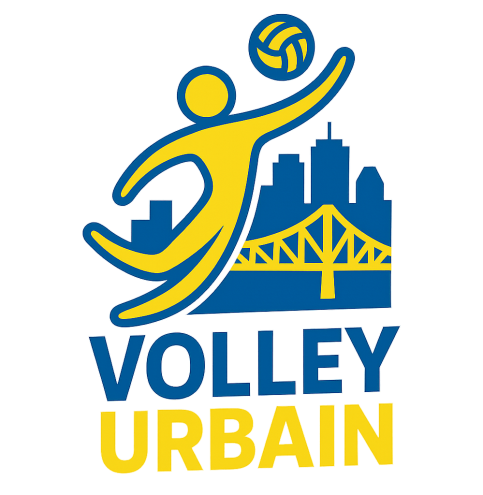 logo Personnage de volley-ball jaune sur fond bleu représentant la ville, avec le pont reliant Longueuil à Montréal en arrière-plan